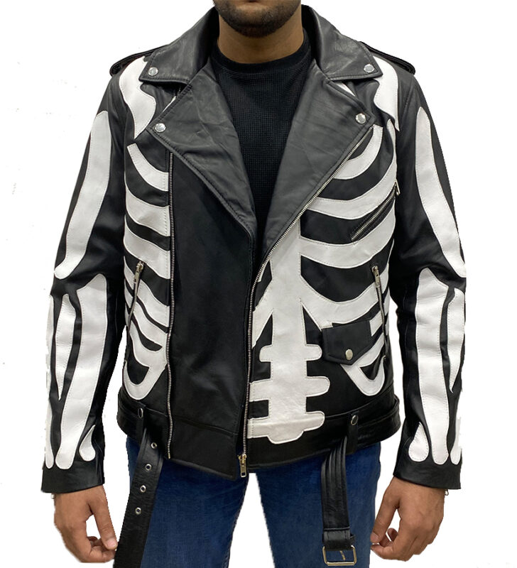 Men Skeleton Deuce Black Biker Leather Jacket