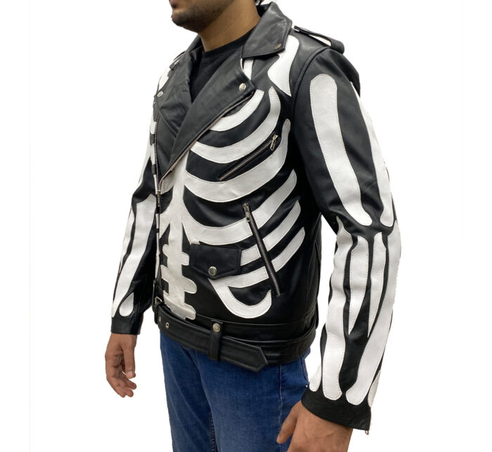 Men Skeleton Deuce Black Biker Leather Jacket