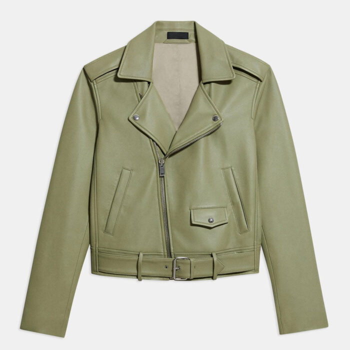 Green sheepskin biker leather jacket