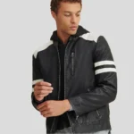 White Stripped Black Biker Leather Jacket