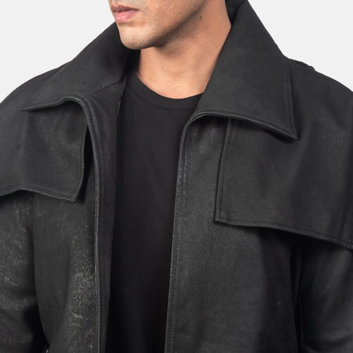 Classic Distressed Black Leather Duster Coat