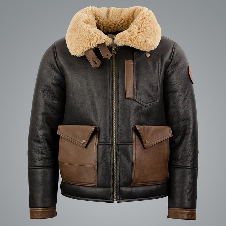 Mens Sheepskin Sherpa Black Bomber leather Jacket