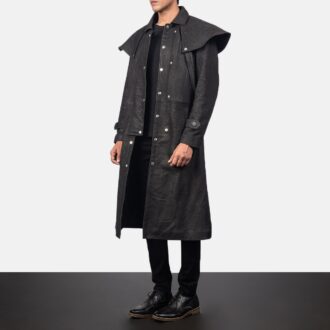 Mens Studded Sheepskin Black Leather Duster Coat