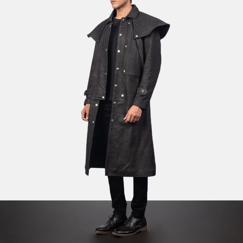 Mens Studded Sheepskin Black Leather Duster Coat