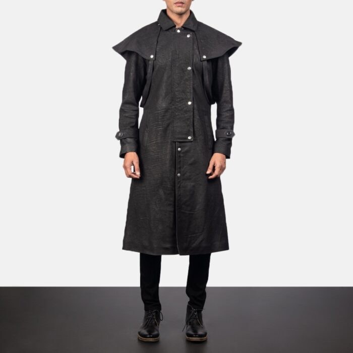 Mens Studded Sheepskin Black Leather Duster Coat