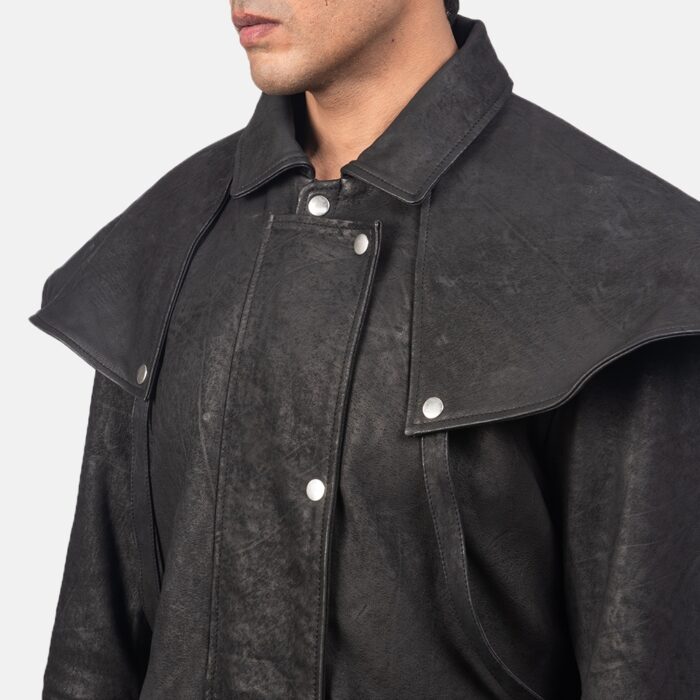 Mens Studded Sheepskin Black Leather Duster Coat