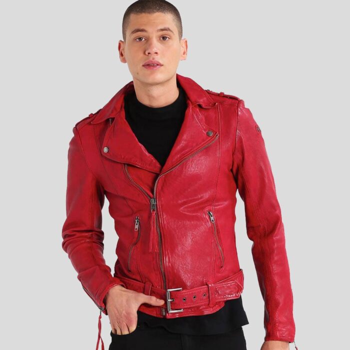 Red Motorcycle Leather Jacket For Men