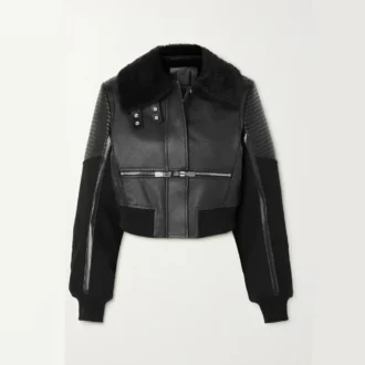 Black Shearling-trimmed textured-leather bomber jacket