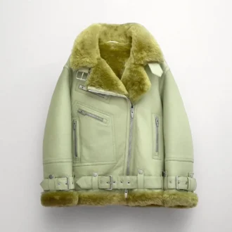 Women Light Green Aviator Real Sheepskin Sherpa Leather Jacket