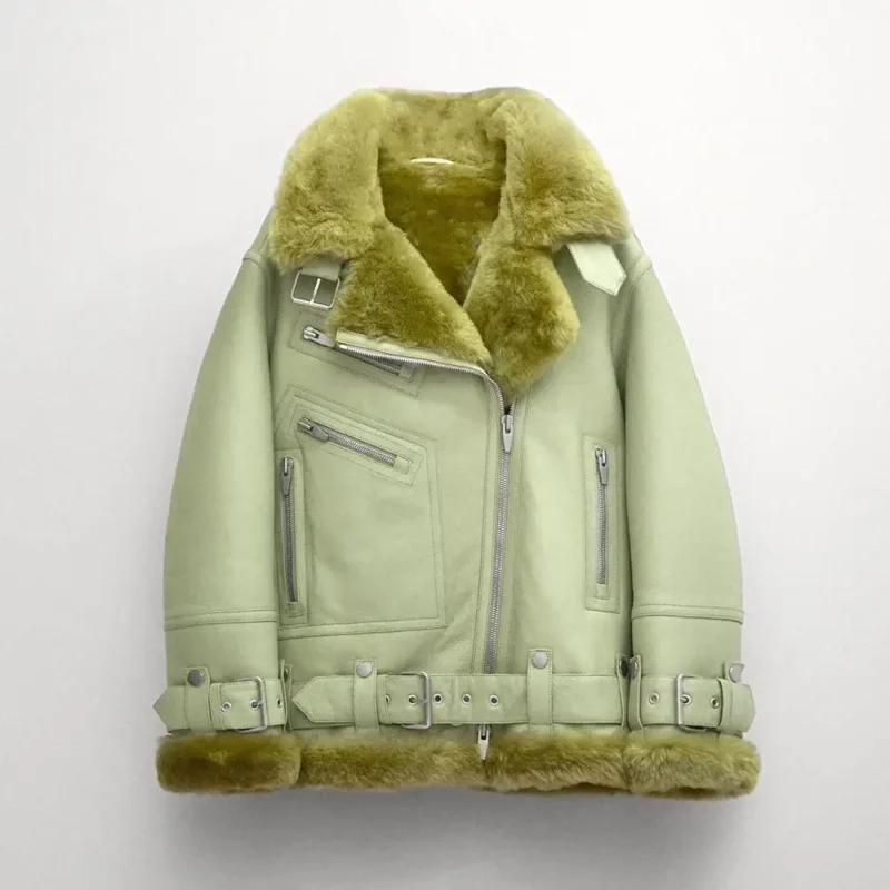 Women Light Green Aviator Real Sheepskin Sherpa Leather Jacket