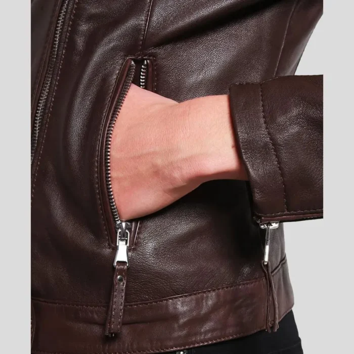 Women Brown Cafe Racer Biker Leather Jacket