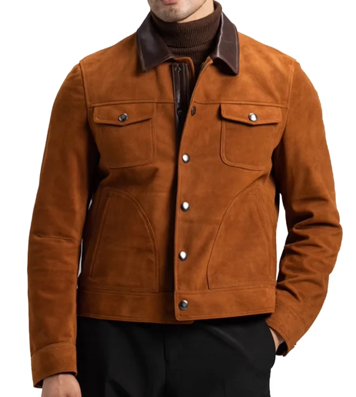 trucker style brown suede leather jacket