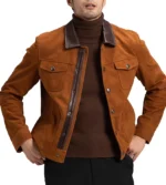 trucker style brown suede leather jacket