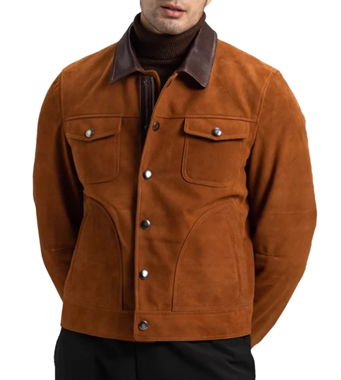 trucker style brown suede leather jacket