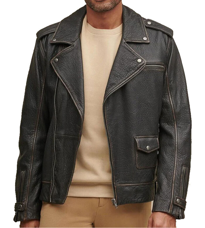 Asymmetrical Distressed Biker Leather Jacket