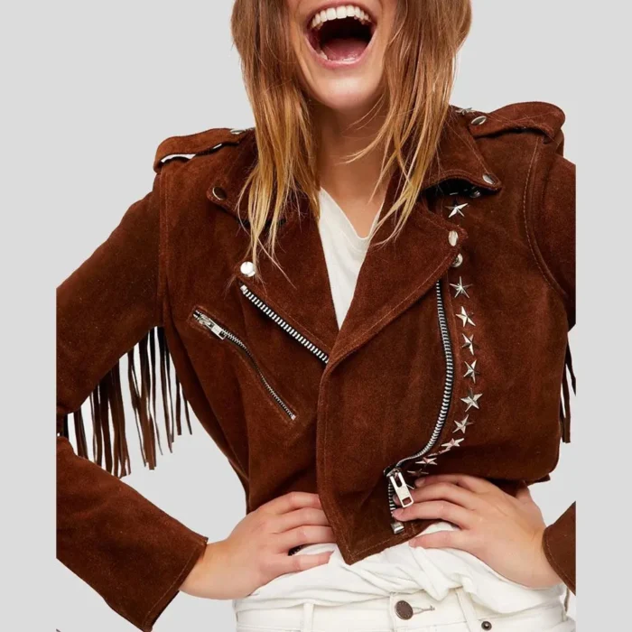 Brown Studded Suede Leather Jacket Fringes