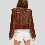 Brown Studded Suede Leather Jacket Fringes