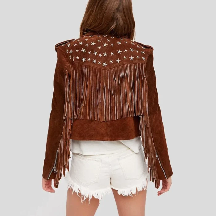 Brown Studded Suede Leather Jacket Fringes