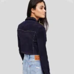 Women Blue Studded Suede Leather Jacket