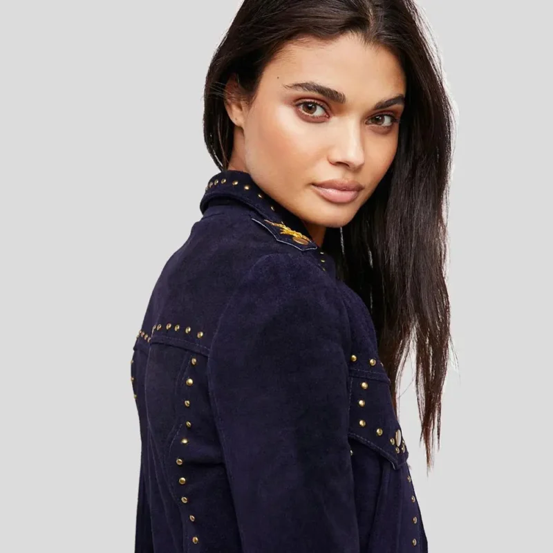 Women Blue Studded Suede Leather Jacket