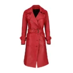 Red Leather Trench Long Coat For Women