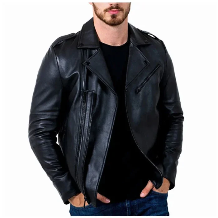 Mens Black Biker Leather Moto Jacket