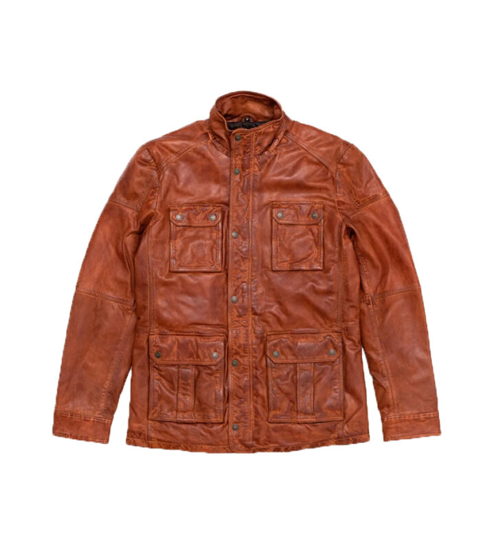 Men Grain Lambskin Brown Leather Field Jacket