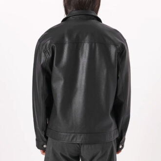 Mens Black Plain Trucker Leather Jacket