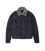 Navy Blue Fur Collar Suede Leather Trucker Jacket