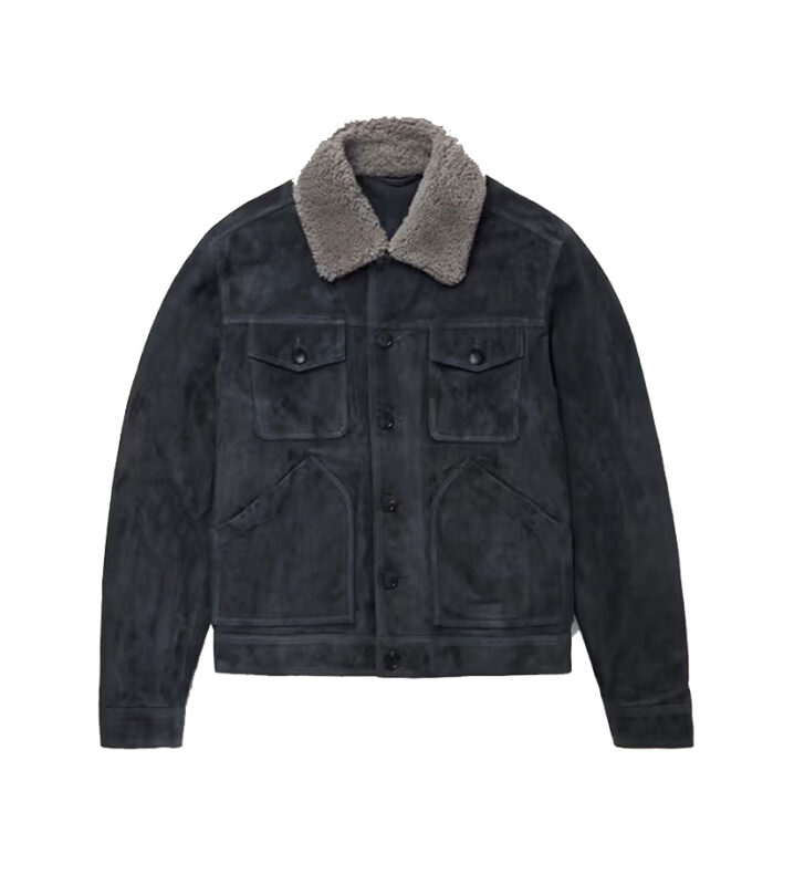 Navy Blue Fur Collar Suede Leather Trucker Jacket