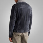 Navy Blue Fur Collar Suede Leather Trucker Jacket