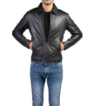 Men's Black Collar Shirt Leather Jacket