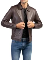 Dark Brown Shirt collar Real Leather Jacket