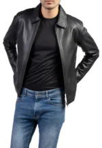 Men's Black Collar Shirt Leather Jacket