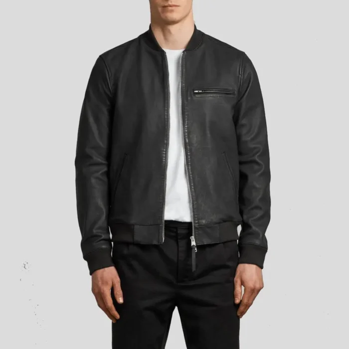 Black Biker Bomber Leather Jacket For Men