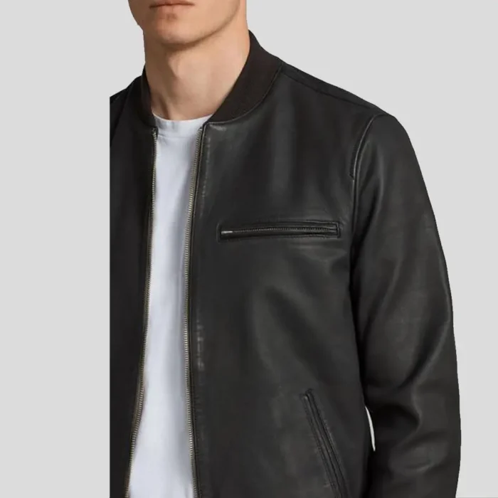 Black Biker Bomber Leather Jacket For Men