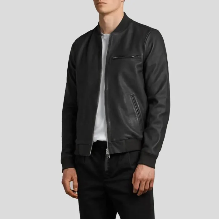 Black Biker Bomber Leather Jacket For Men