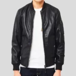 Mens Black Bomber Genuine Cafe Racer Leather Jacket