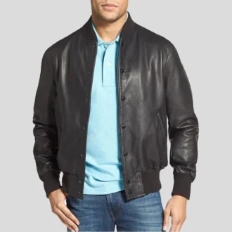 Mens Casual Varsity Black Leather Jacket