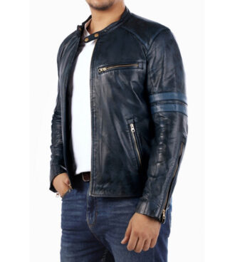 Blue Cafe Racer Genuine Lambskin Jacket