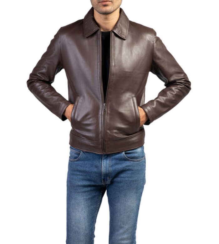 Dark Brown Shirt collar Real Leather Jacket