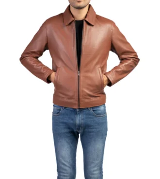 Brown Shirt collar Real Leather Jacket