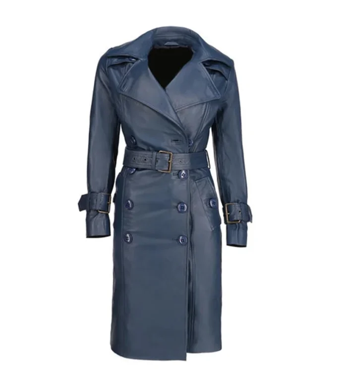 Women's Blue Leather Trench Long Coat