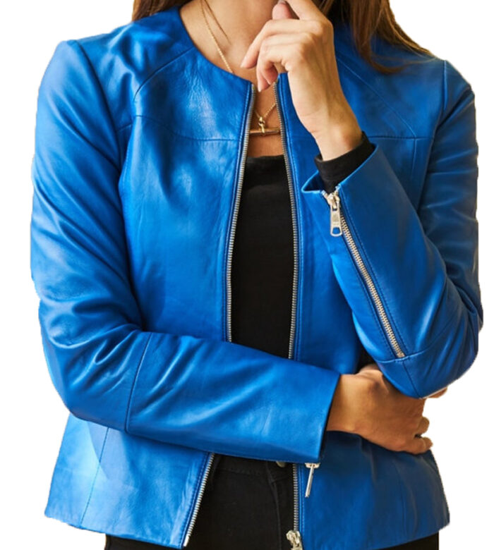 Anna Cropped Blue Leather Jacket