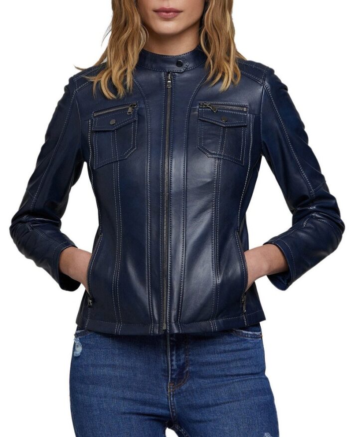 Drew Cafe Racer Blue Leather Jacket