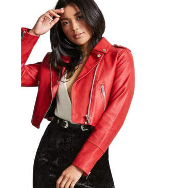 Eliza Crop Red Biker Leather Jacket