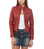 Jessica Burgundy Cafe Racer Leather Jacket