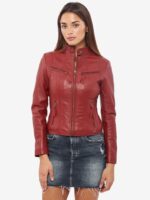 Jessica Burgundy Cafe Racer Leather Jacket