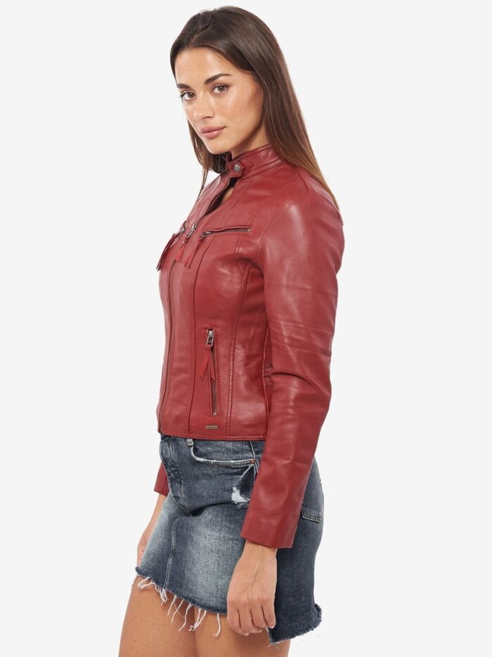 Jessica Burgundy Cafe Racer Leather Jacket