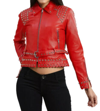 Jessica Studded Biker Red Leather Jacket